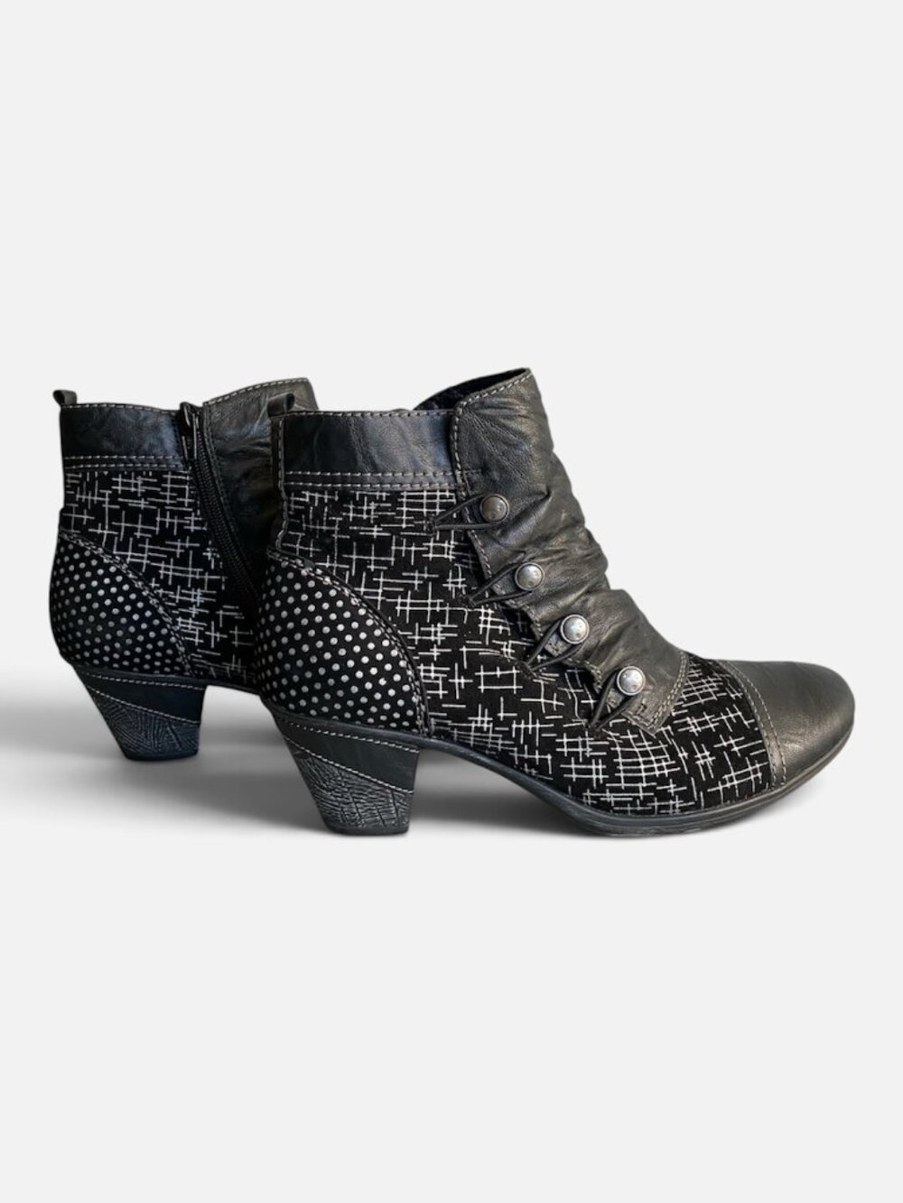 Remonte Black Crosshatch Polka Dot Ankle Boots Heeled Booties Sz 10 Eu 42